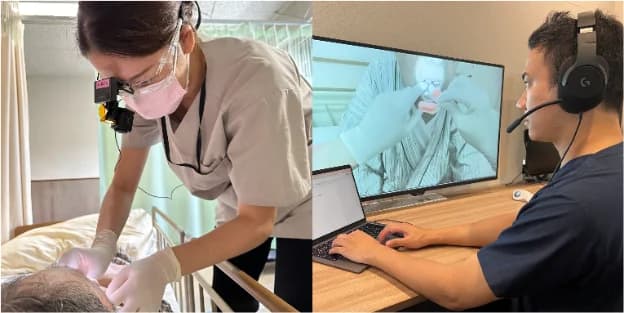 診療する歯科衛生士と、遠隔で映像を確認するスタッフ