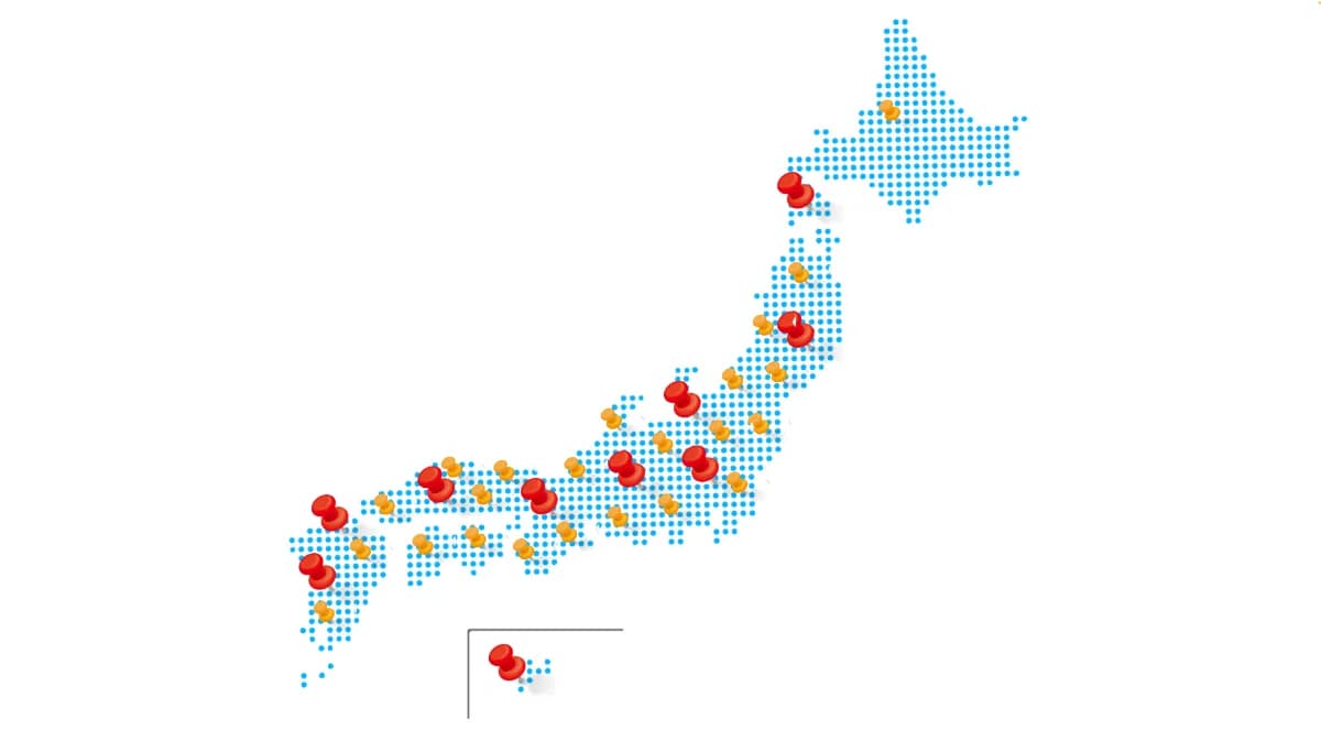 日本地図にパートナー拠点のピンを立てたイメージ図