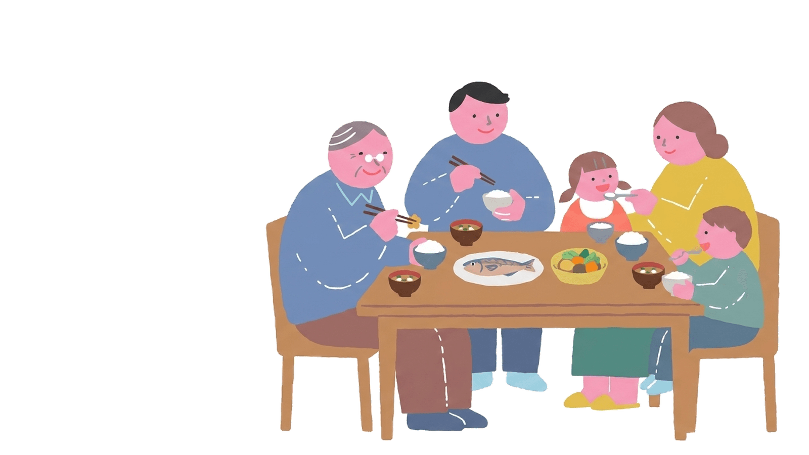 高齢の男性が家族と食卓を囲んで食事を楽しむイラスト