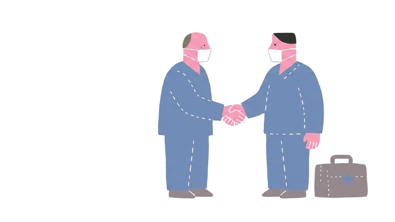 開業医の歯科医師とグループの歯科医師が握手するイラスト