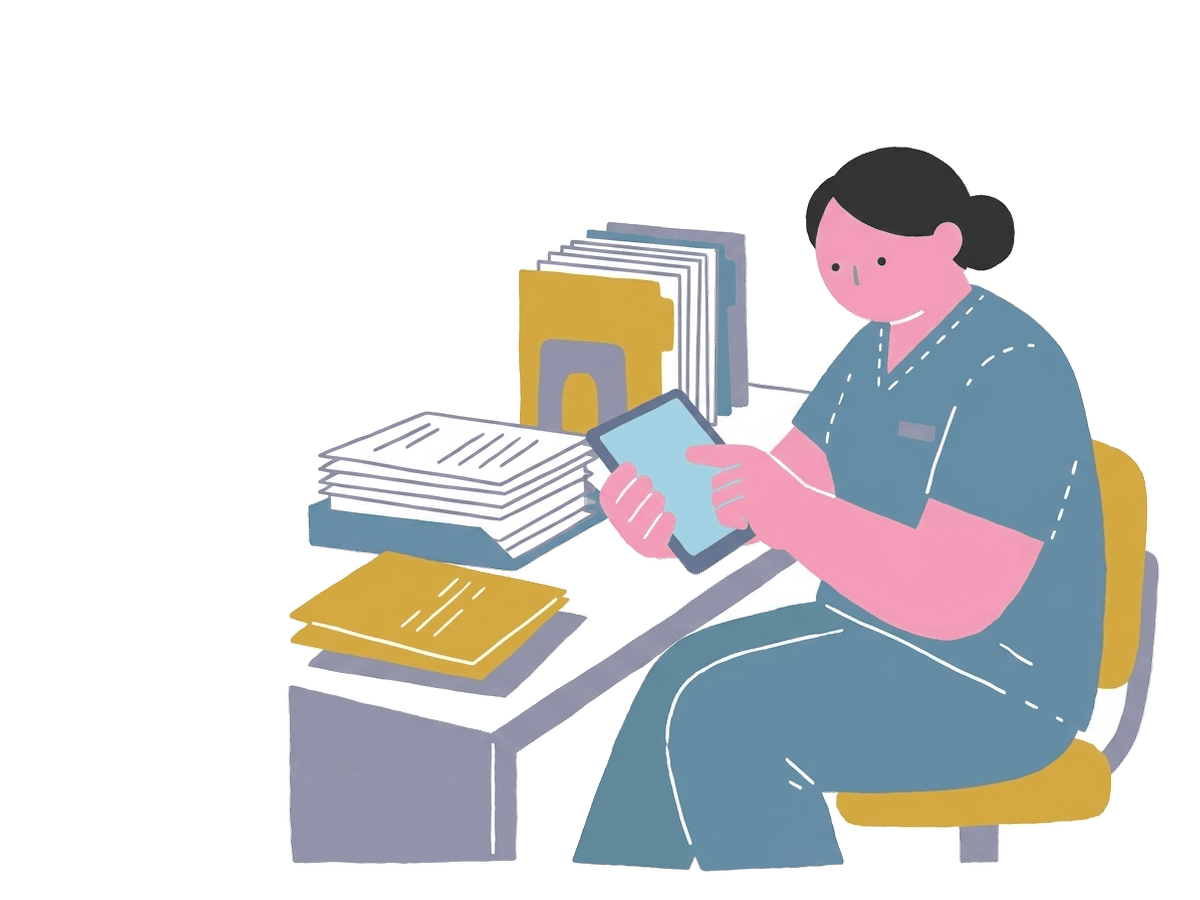 タブレットで事務作業を片づける歯科スタッフのイラスト