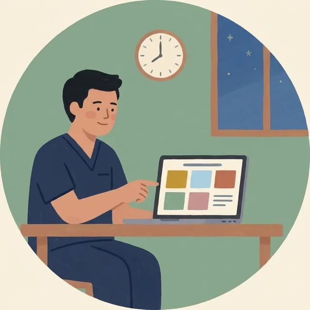 夜のオンライン講義を前に説明する歯科医師の絵
